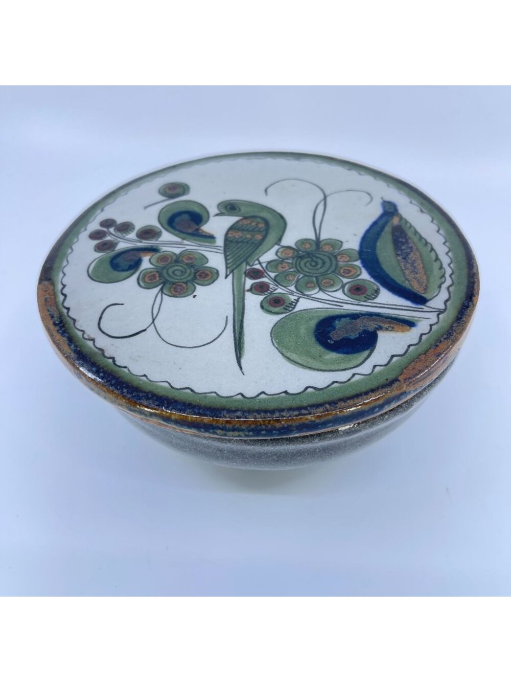 vintage ken edwards tonala lidded bowl bird & floral design with issues
